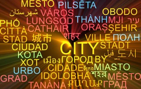 City multilanguage wordcloud background concept glowing Stock Illustration