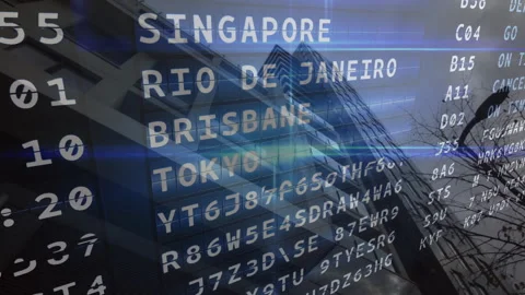 City names and alphanumeric codes animation over modern building background Stock Footage 304485640