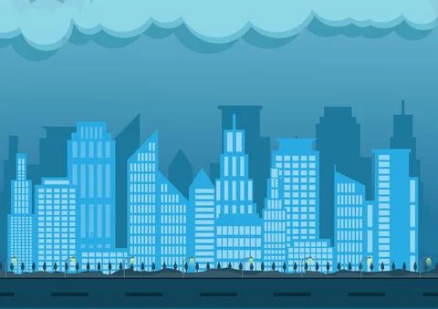 City night background vector. Blue color theme with loney big building in the Stock Illustration