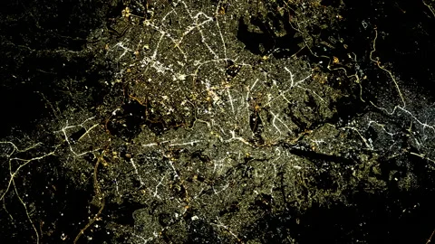 City night lights satellite view from space flying over animation of Amman Video stock 219642467