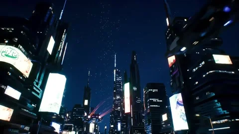 City Night Lights Streaking Through Futuristic Skyline at Night Stock Footage 313324236