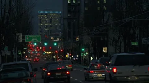 City at Night - Portland Downtown Traffic Stock Footage