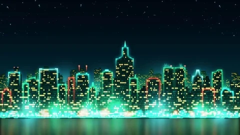City night skyline with animated windows on the background of the starry sky Stock Footage 80404536