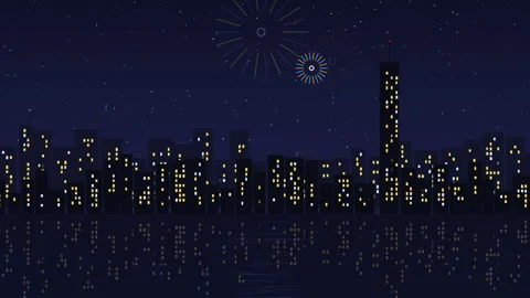 City Night Vector Fireworks Reflection Stock Footage 347885032