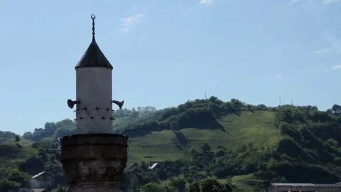 City of Novi Pazar and Mosque,side view from above Stock Footage