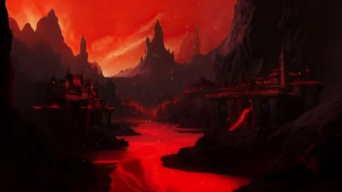 City overhanging the basin of hell with fire and volcanoes. devastated land.. Stock Footage 239677801