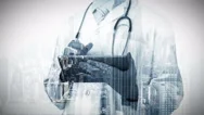 City Overlay On Doctor Using Tablet Pc Stock Footage