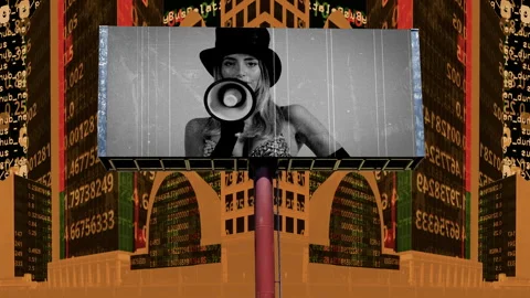 City with overlayed code and billboard with cabaret female with megaphone Stock Footage 315682620