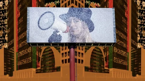 City with overlayed code and billboard with cabaret female with megaphone Stock Footage 315682688