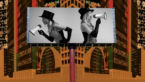City with overlayed code and billboard with cabaret female with megaphone Stock Footage 315682837