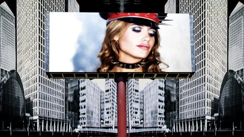 City with overlayed code and billboard with cabaret female with military hat Stock Footage 316100246