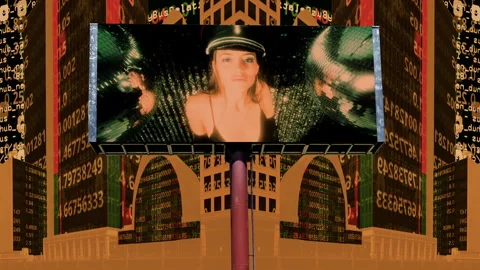 City with overlayed code and billboard with cabaret female with military hat Stock Footage 316101286