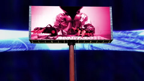 City with overlayed code and data and billboard with computer hacker Stock Footage 315389141