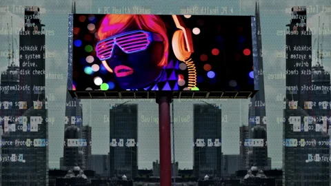 City with overlayed code and data and billboard with disco dancer Stock Footage 315438006