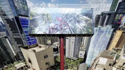 City with overlayed code and data and billboard with paradise nature scene Stock Footage 315461652