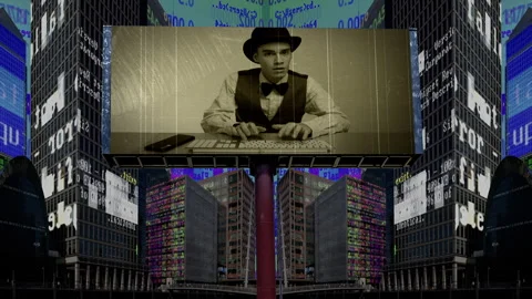 City with overlayed code and data and billboard with business man Video stock 315677250
