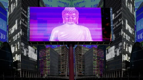City with overlayed code and data and billboard with buddha statues Stock Footage 315678566