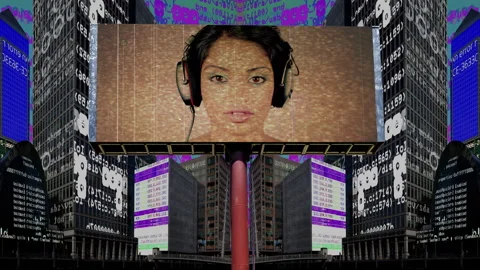 City with overlayed code and data and billboard with disco dancer 库存影片 315680751