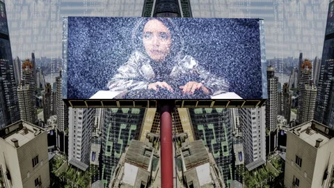 City with overlayed code and data and billboard with computer hacker Video stock 315681232