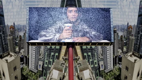 City with overlayed code and data and billboard with computer hacker Video stock 315681463