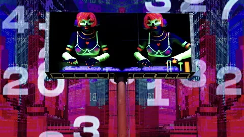 City with overlayed code and data and billboard with computer hacker Stock Footage 315683368