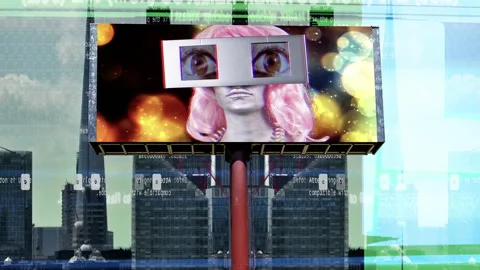 City with overlayed code and data and billboard with Vr woman Video stock 315683568