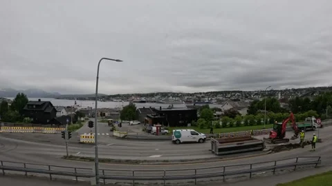 City overview with roadwork construction site and fjord in Tromso Norway Stock-Footage 341272680