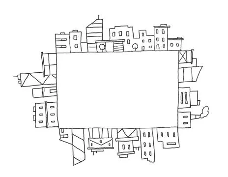 City panorama drawing in rectangular square area. Place for text. Hand drawn Stock Illustration