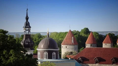 City panorama from an observation deck of Old city spikes of churches and Stock Footage