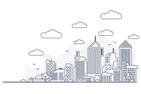 City panorama. Vector thin line city landscape with high skyscraoers Stock Illustration