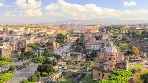 City panoramic view  with Roman forum and Coliseum ampitheatre time lapse Stock Footage 83083374