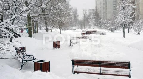 City park after snowfall at day Stock Photos
