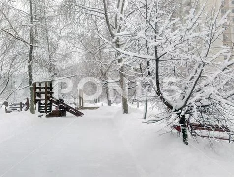 City park after snowfall at day Stock Photos