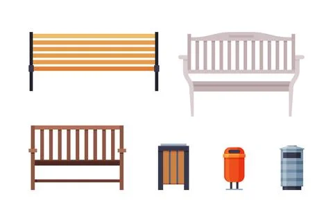 City Park Elements with Bench and Dustbin Vector Set Ilustração Stock