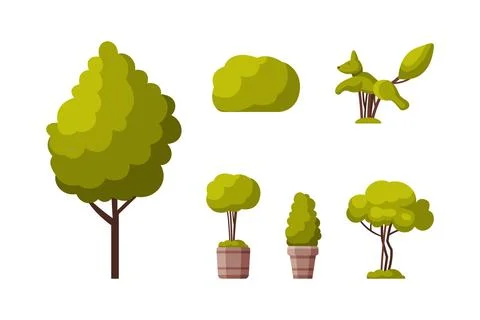 City Park Elements with Green Tree and Bushes in Pot Vector Set Ilustración de archivo