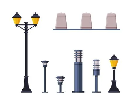 City Park Elements with Lamp, Light Post and Road Barrier Column Vector Set Ilustração Stock