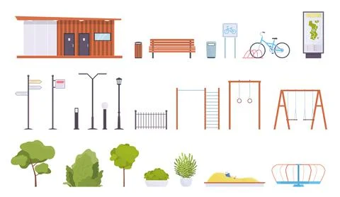 City park elements. Public rest place objects, walking zone parts, lanterns and Ilustración de archivo
