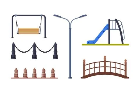 City Park Elements with Swing, Lamp, Slide, Bridge and Barrier Vector Set Ilustración de archivo