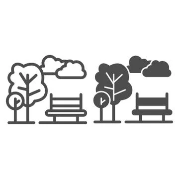 City park line and solid icon, nature concept, trees, sky and bench sign on Stock Illustration