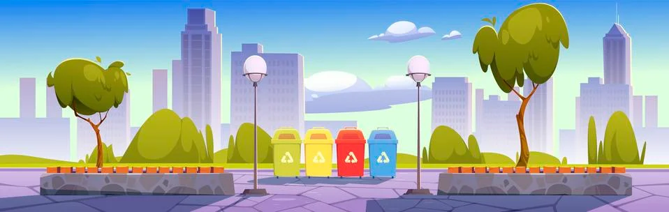 City park with recycling bins for sorting waste Stock Illustration