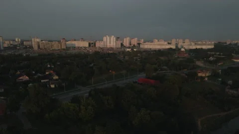 City park, the river flows. Shot at dawn, at sunrise. Aerial photography. Stock Footage 158737421