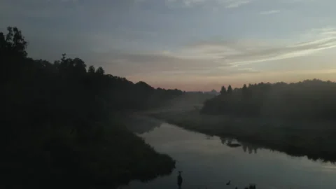 City park, the river flows. Shot at dawn, at sunrise. Aerial photography. Stock Footage 158737498