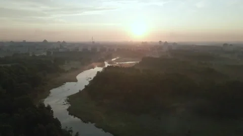 City park, the river flows. Shot at dawn, at sunrise. Aerial photography. Stock Footage 158738483