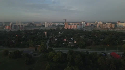 City park, the river flows. Shot at dawn, at sunrise. Aerial photography. Stock Footage 158738839