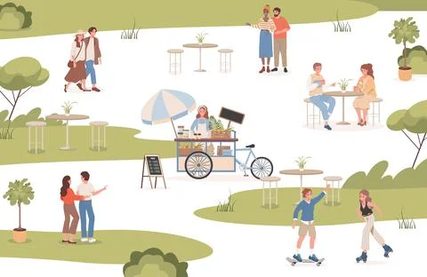 City park vector flat illustration. Happy smiling people spending summer weekend Ilustración de archivo
