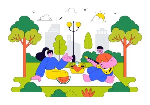 City Park Vector Illustration Featuring Urban Green Space, Family Picnic, P.. Stockillustratie