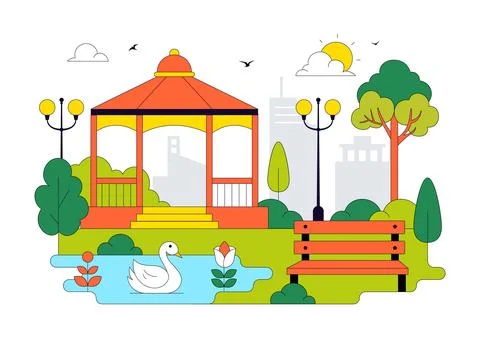 City Park Vector Illustration Featuring Urban Green Space, Family Picnic, P.. Stockillustratie