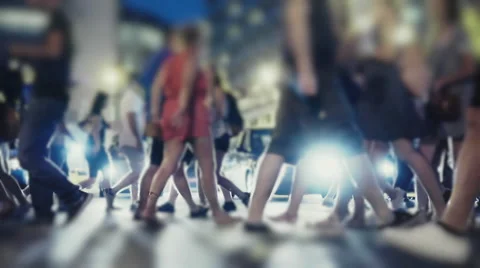 City pedestrians on hot summer night, cross street, slow motion 100p Stock Footage