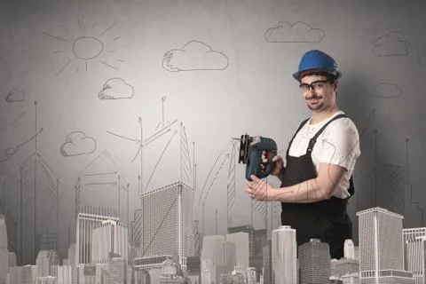 City plan with worker. Stock Photos