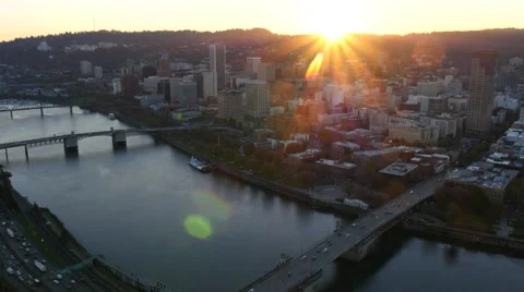 City of Portland, Oregon at sunset, aerial video: 4K Ultra HD Stock Footage